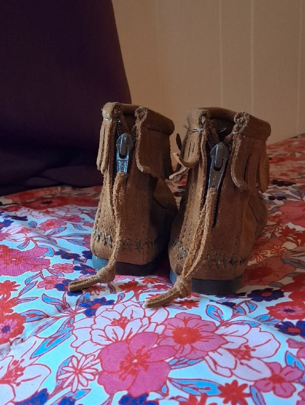 Kids Fringe Brown Suede Zip Back Ankle Moccasins Boots Booties Back To School